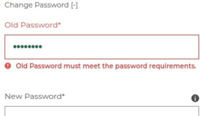 Picture of input boxes for resetting a password. The first input is for the old password and there is a password entered which is indicated by a bunch of dots but then underneath the box there is an error that says old password much meet the password requirements